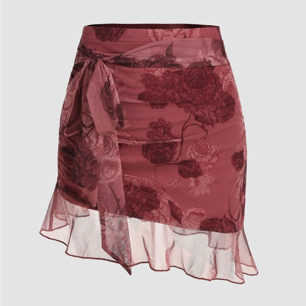 Cider chiffon High-waisted floral knotted mini skirt